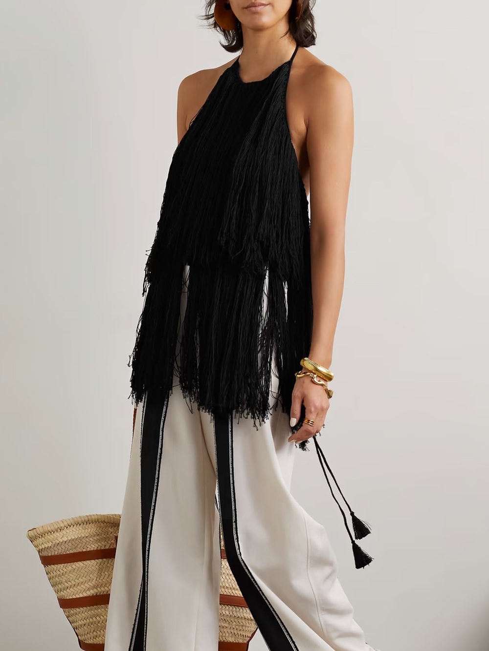 ALTUZARRA Delphinia fringed open knit cotton and silk-blend halterneck top